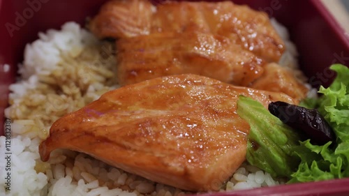 Close-up view of the Salmon Teriyaki Don