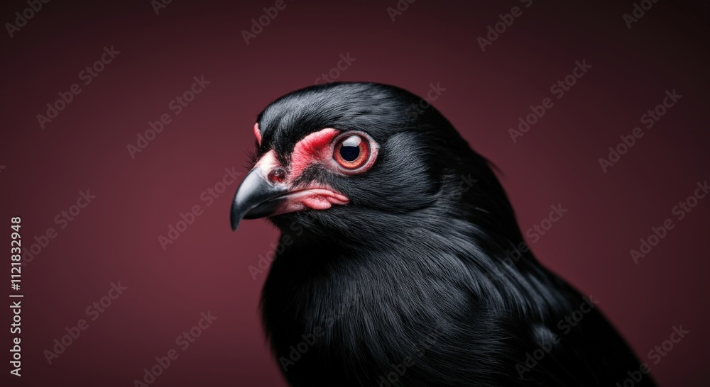 Fototapeta premium Striking portrait of a black bird against a contrasting deep red background