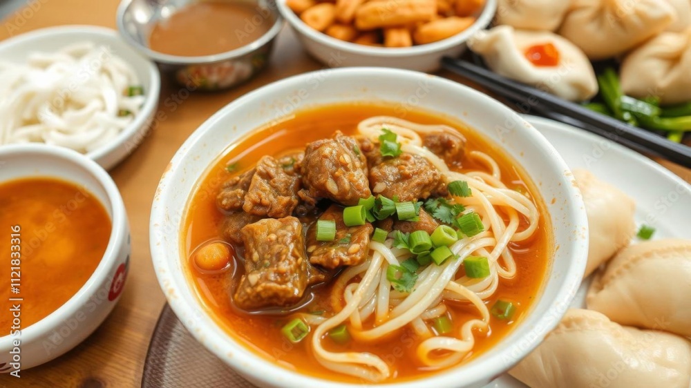 Delicious Chinese takeaway spread featuring pork wonton dumpling soup, crispy shredded beef, sweet and sour pineapple chicken, egg noodles with bean sprouts curry, Soup, Curry, Egg noodles Delicious Chinese takeaway spread featuring pork wonton dumpling soup, crispy shredded beef, sweet and sour pineapple chicken, egg noodles with bean sprouts curry, Soup, Curry, Egg noodles