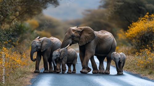 Elephants crossing the road in the savannah photo