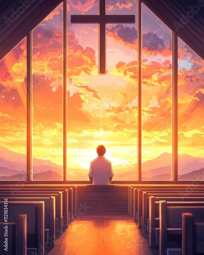 A serene moment of reflection in a church, overlooking a vibrant sunset.