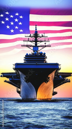 A modern navy ship stands prominently in the foreground, illuminated by a vibrant sunset while the US flag waves in the background, creating a striking double exposure effect photo