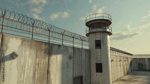 Guard Tower in Prison with Barbed Wire Fence: Watchtower wall building and escape barrier, featuring penitentiary security and cage for preventing freedom