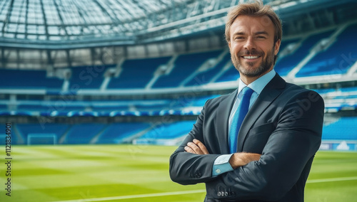 Coach or director of a football club in the stadium with a slightly blurred background with a green football pitch in the background with space for text. Trainer in a suit photo