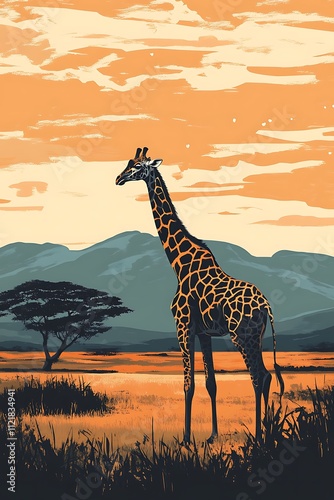 Giraffe in savannah at sunset, vector illustration. African safari photo