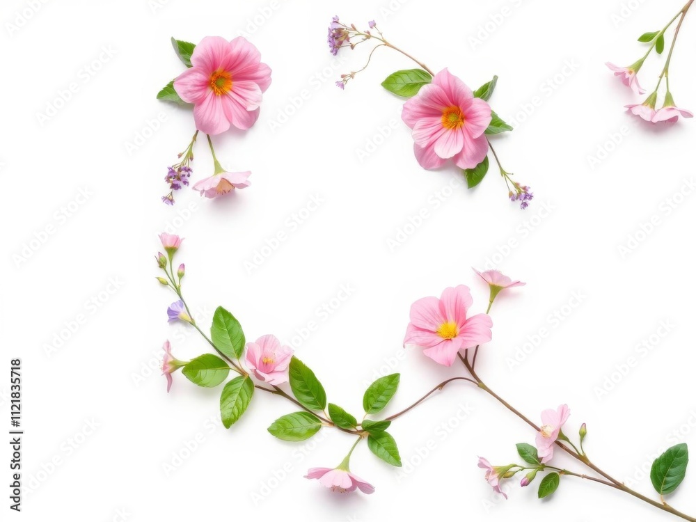 Fototapeta premium Floral frame made of pink and purple flowers and green leaves, surrounding a white background with space for text, floral, frame, design