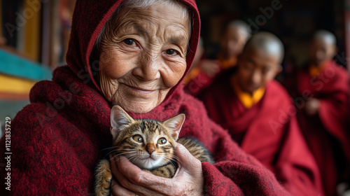  Grandmother Visiting Tibetan Monks photo