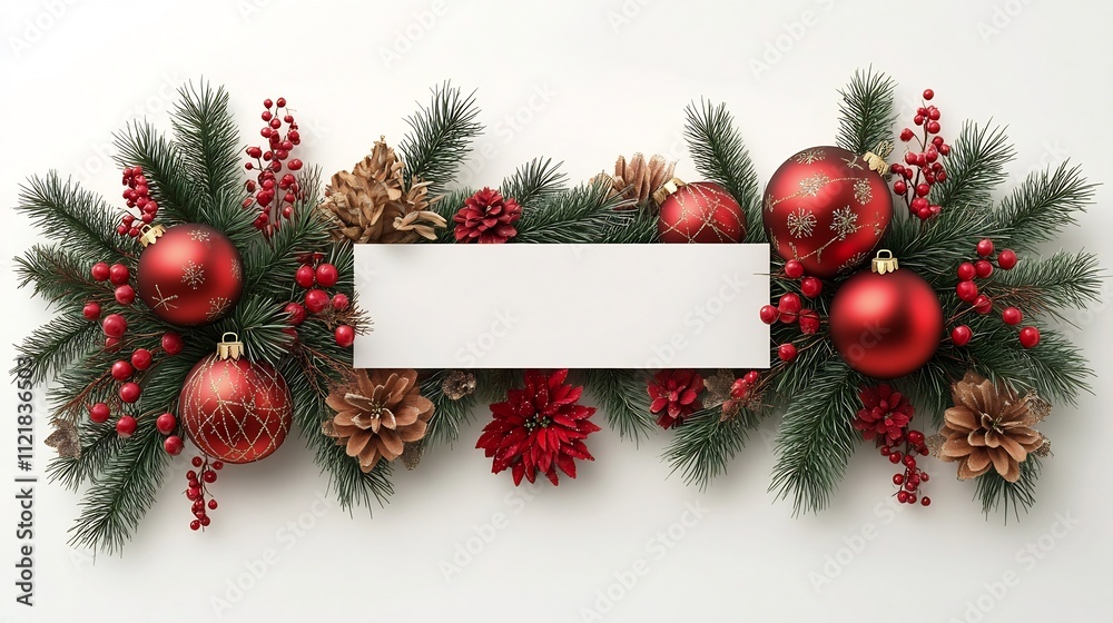 Obraz premium Christmas Banner with Festive Ornaments and Greenery