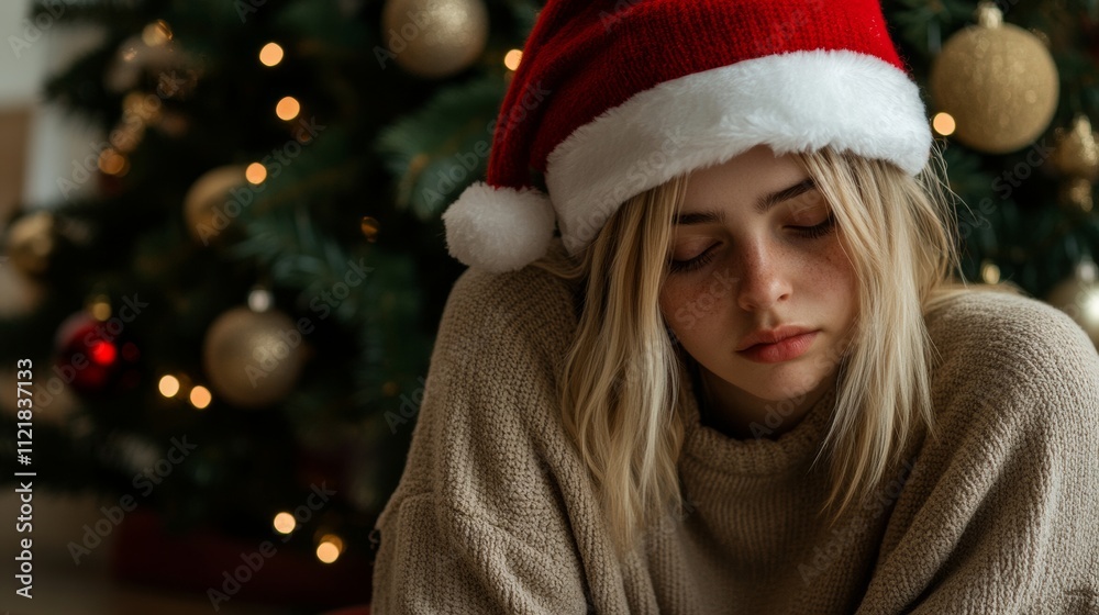Sad woman sits alone in a living room with holiday décor. the emotive scene of a thoughtful woman adorned with a red Santa hat beside a lush, LED-lit holiday tree. Sad woman sits alone in a living room with holiday décor. the emotive scene of a thoughtful woman adorned with a red Santa hat beside a lush, LED-lit holiday tree.