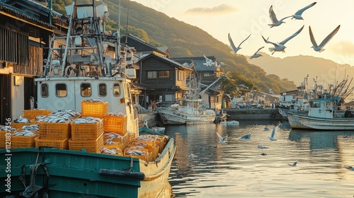 Fishing boats unloading catch at dawn coastal harbor landscape photography serene atmosphere aerial view maritime tradition photo