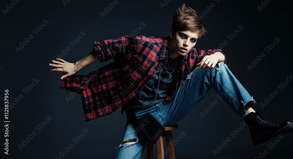 Edgy Teenager in Plaid Shirt and Ripped Jeans Edgy Teenager in Plaid Shirt and Ripped Jeans