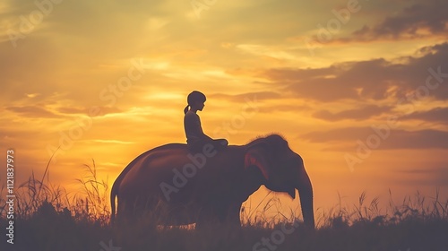 Silhouette of a girl riding an elephant on sunset background. photo