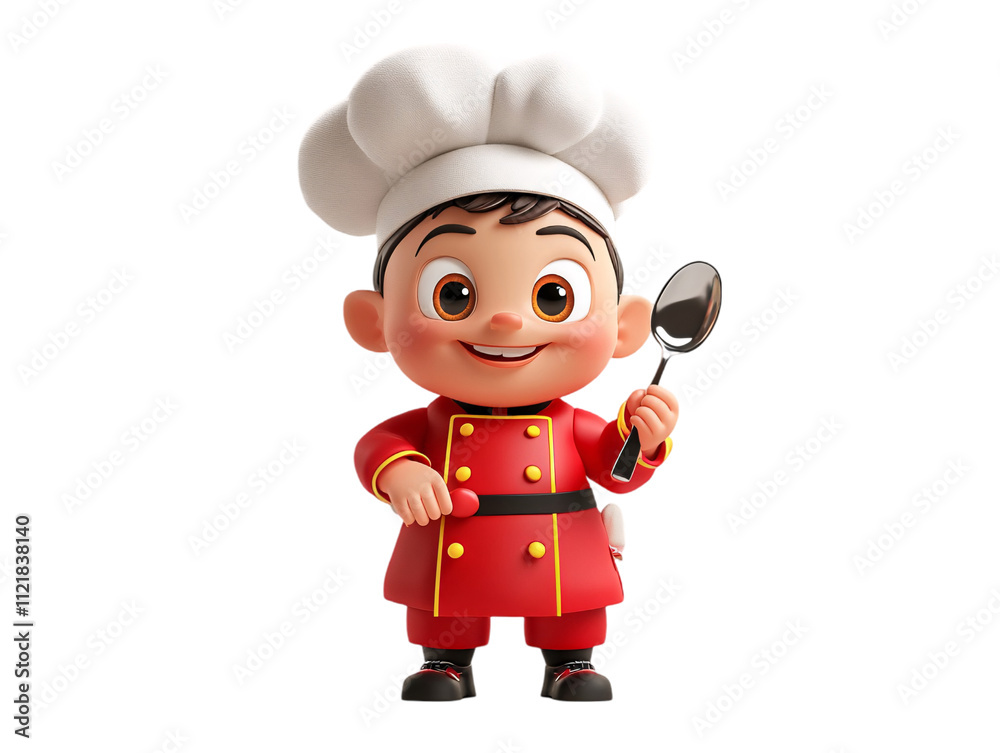 A cheerful cartoon chef character wearing a white hat and red uniform, holding a spoon, radiating a playful and inviting demeanor on transparent background. A cheerful cartoon chef character wearing a white hat and red uniform, holding a spoon, radiating a playful and inviting demeanor on transparent background.