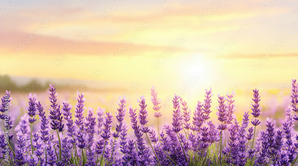 Fototapeta premium Lavender field at sunset with soft light creating serene atmosphere