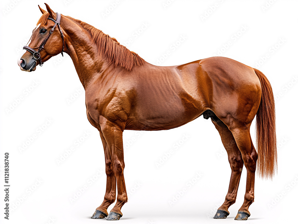 Naklejka premium a brown horse standing against a white background. The horse is wearing a bridle and has a shiny coat.