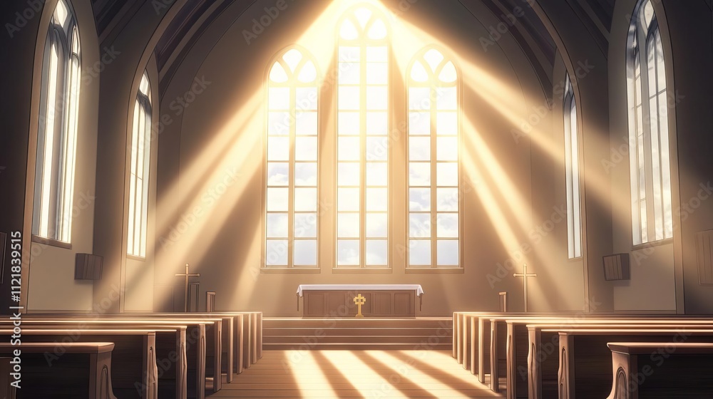 Obraz premium A serene church interior with sunlight streaming through stained glass windows.