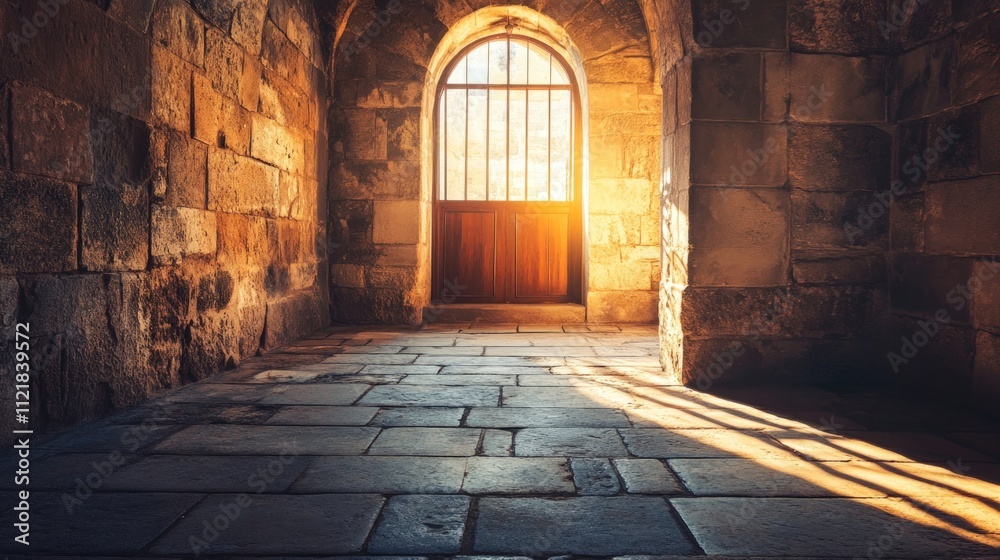Fototapeta premium Stone hallway, arched doorway, sunlight, wooden door.
