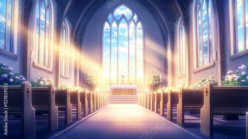 A serene church interior bathed in warm light, highlighting ornate architecture.