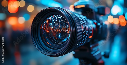 Professional video camera on a tripod on a blurred background. Close-up. photo