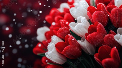 Red and white tulips with snow-dusted petals, set against a soft, glowing bokeh background