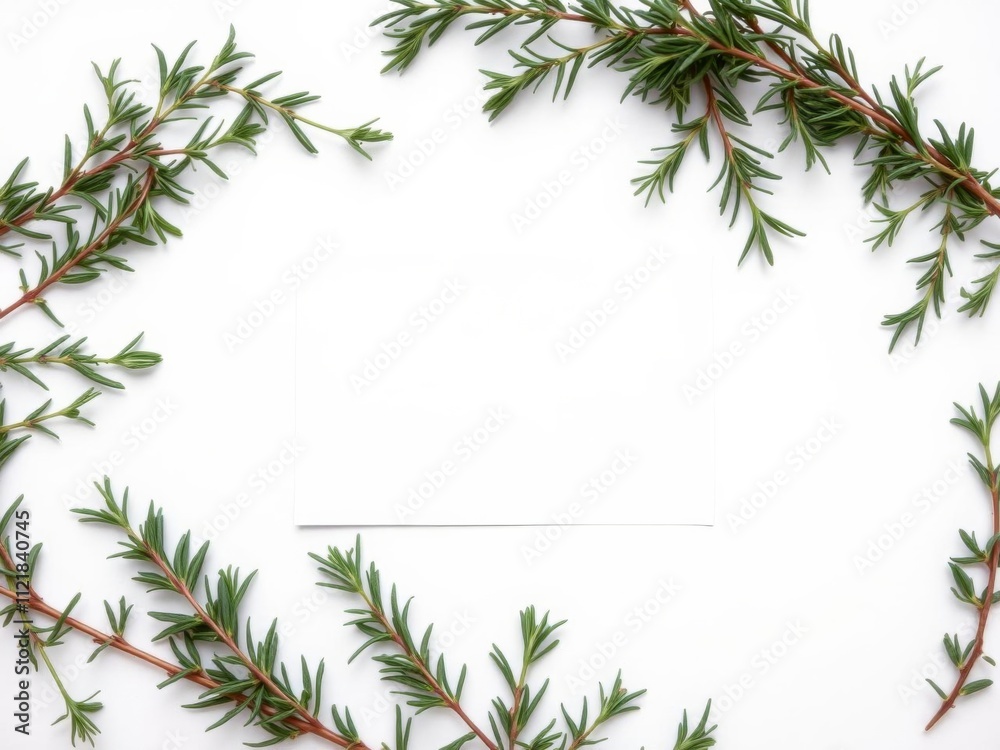 Fototapeta premium Fresh rosemary herbs bordering a blank white space for copy in the center of the card, aromatic, green, culinary