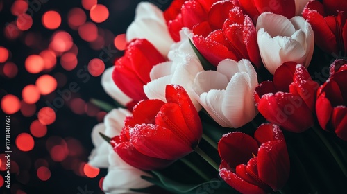 Red and white tulips with snow-dusted petals, set against a soft, glowing bokeh background