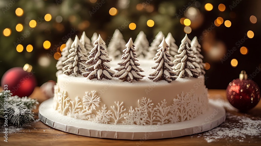 A magical Winter Forest cake adorned with frosted icing layers, detailed fondant pine trees, and sugar snowflakes, A magical Winter Forest cake adorned with frosted icing layers, detailed fondant pine trees, and sugar snowflakes,