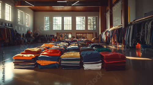 Colorful Clothing Stacks in Warehouse  Fashion  Retail  Textile  Apparel  Inventory  Stock photo