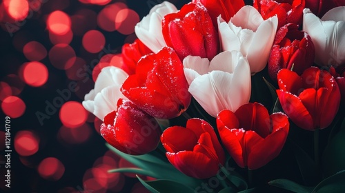 Red and white tulips with snow-dusted petals, set against a soft, glowing bokeh background