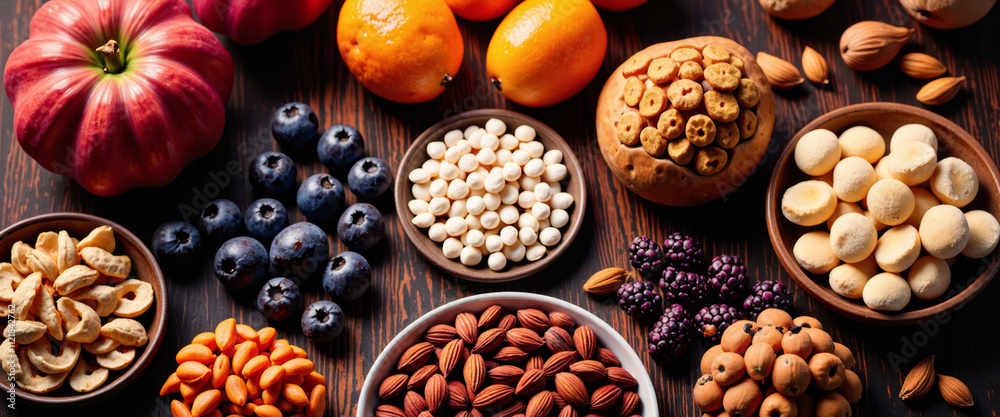 A table with a variety of food items including eggs, nuts, and cheese. The table is set with bowls and a spoon A table with a variety of food items including eggs, nuts, and cheese. The table is set with bowls and a spoon