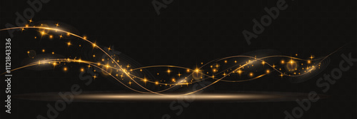 Abstract glowing golden wave with light trails, sparkles, and smooth curves on dark background. Ideal for luxury, energy, technology, or elegant design themes. photo