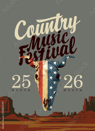 Poster for country music festival with skull of bull with flag USA and an inscription on background of Wild west landscape for a cowboy club restaurant. Vector banner with hot American prairies