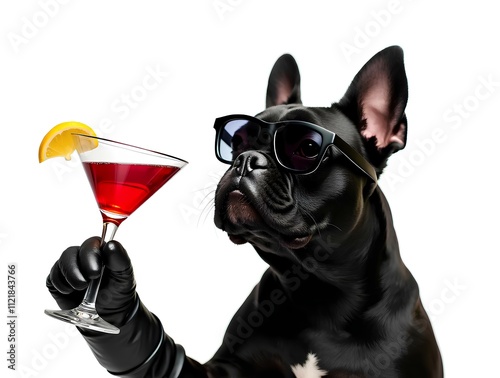 drunk black dog drinking a cocktail, brown puppy pet celebrate anniversary or birthday with sunglasses in funny sweet holiday vintage hawaii luxury New Year's Eve for hawaiian nightlife photo