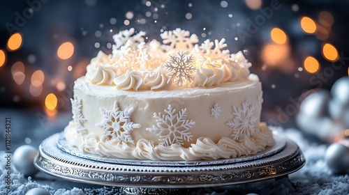 A Snowy Wonderland cake covered in smooth white frosting, adorned with intricate sugar snowflakes, shimmering edible glitter, and a dusting of powdered sugar snow,