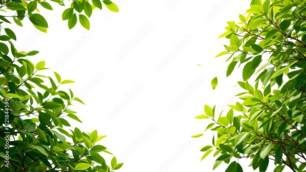 Obraz premium Greenery leaves swirling around a central copy space on a nature background in an AI generative design, middle frame, flying, isolated