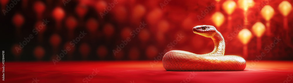 Fototapeta premium golden snake coiled on red surface, illuminated by warm lights, creates captivating atmosphere