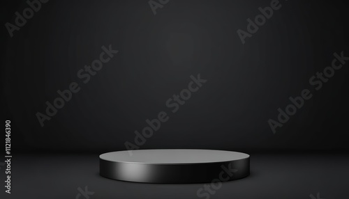 Empty black pedestal podium on a dark backdrop for product display, 3D rendering. Created with generative AI technology