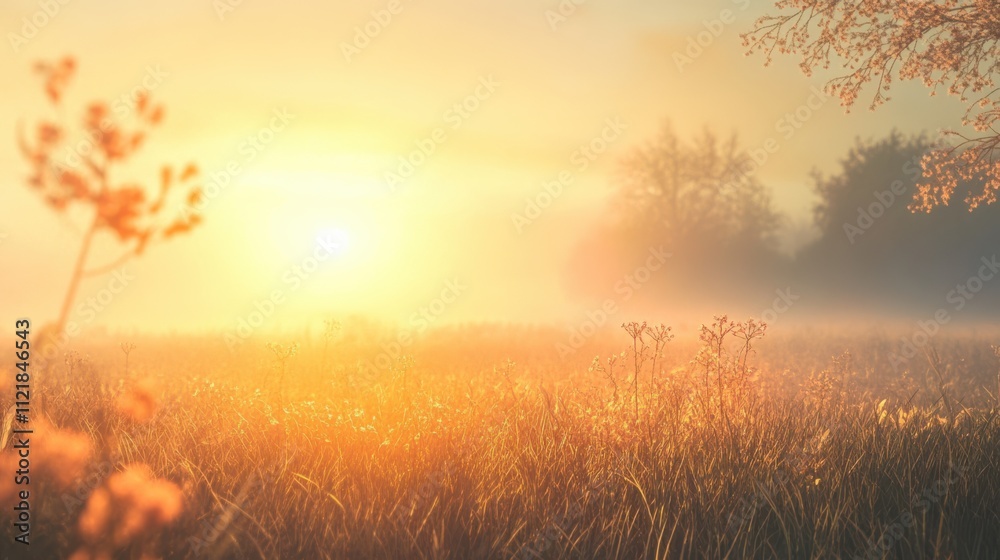 Serene Sunrise Over a Misty Field with Golden Hues and Glistening Nature's Beauty Serene Sunrise Over a Misty Field with Golden Hues and Glistening Nature's Beauty