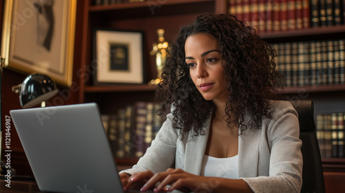 A businesswoman in a modern law office, reviewing documents on her laptop. The background showcases framed awards and bookshelves filled with legal volumes, adding to the sophistic