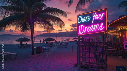 Inspirational Beach Sunset with 'Chase Your Dreams' Neon Typography, Inspirational Quotes and Motivational Graphics, New Year's day, New Year's Eve 
 photo