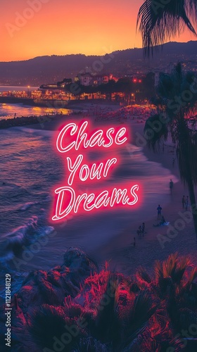 Inspirational Beach Sunset with 'Chase Your Dreams' Neon Typography, Inspirational Quotes and Motivational Graphics, New Year's day, New Year's Eve 
 photo