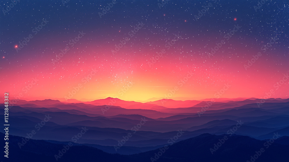 Colorful Mountain Sunset with Starry Sky Colorful Mountain Sunset with Starry Sky