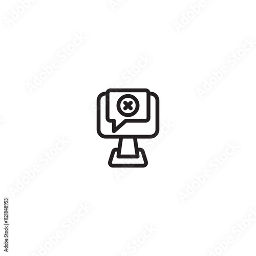 Computer with a speech bubble and a cross mark on icon. Computer with a speech bubble containing a cross, indicating a failed or disconnected chat or messaging service. Editable icon.