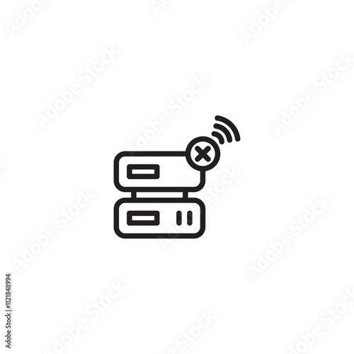 Server with a Wi-Fi symbol and a cross mark on icon. Server with a wireless connection symbol and a cross, indicating a failed or disconnected network connection. Editable icon.