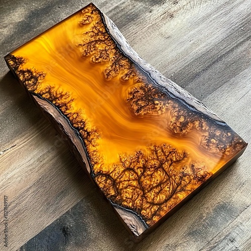 A polished wood grain epoxy table section with a flat section that was created by filling a cracked walnut wood board with tones and vivid amber epoxy resin details, emphasising the smooth and polishe photo