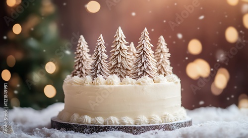 An elegant Winter Forest cake showcasing a smooth frosted base topped with detailed sugar pine trees, powdered sugar snow, and shimmering edible glitter, photographed against a warm, photo