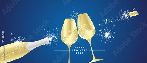 Happy New Year 2025 eve white firework shape golden glasses with sparkler firework wine open champagne bottle blue background greeting card