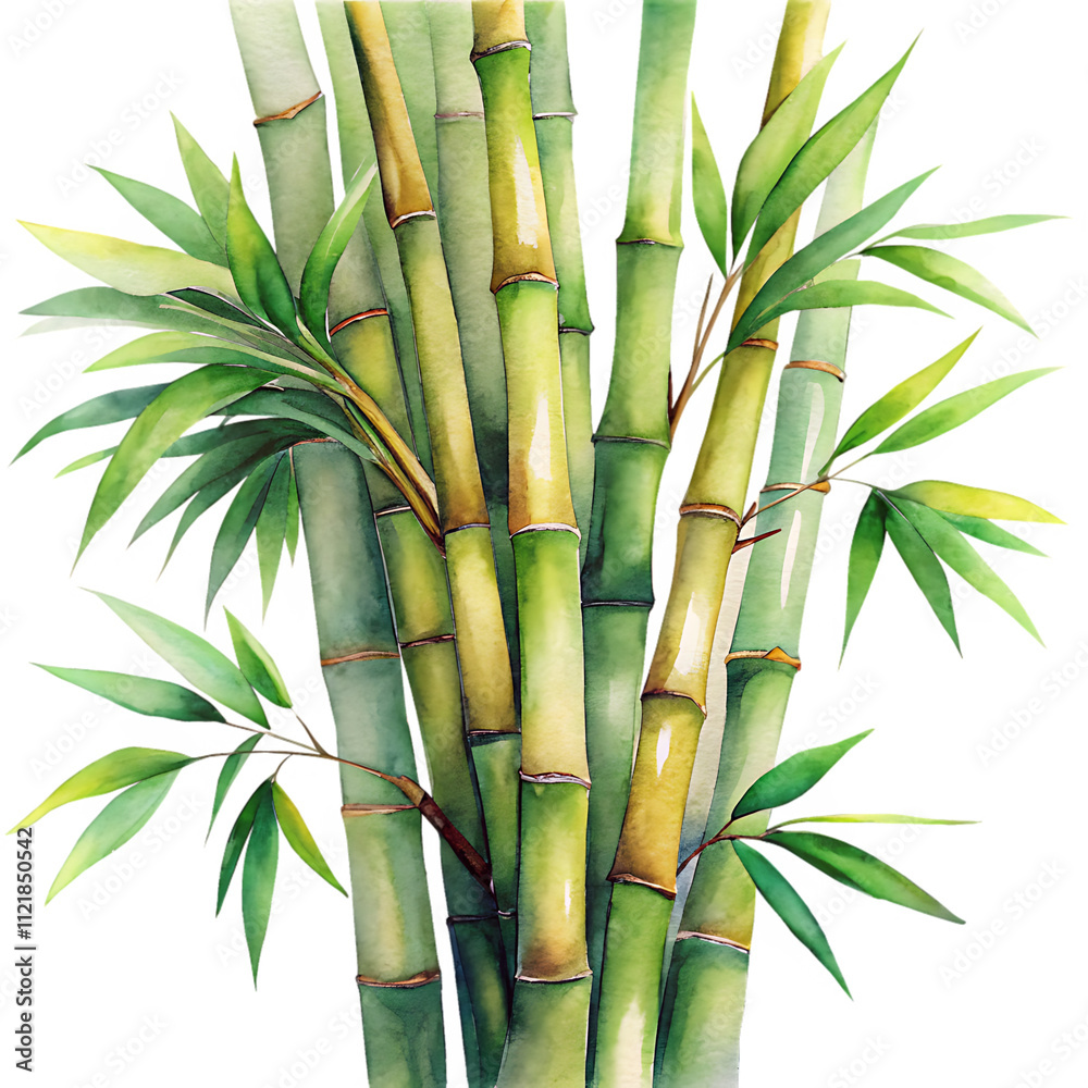 Fototapeta premium Watercolor Illustration of Bamboo Stalks and Leaves, Detailed watercolor artwork depicting green bamboo stalks with lush leaves, capturing the elegance and natural beauty of bamboo plants.