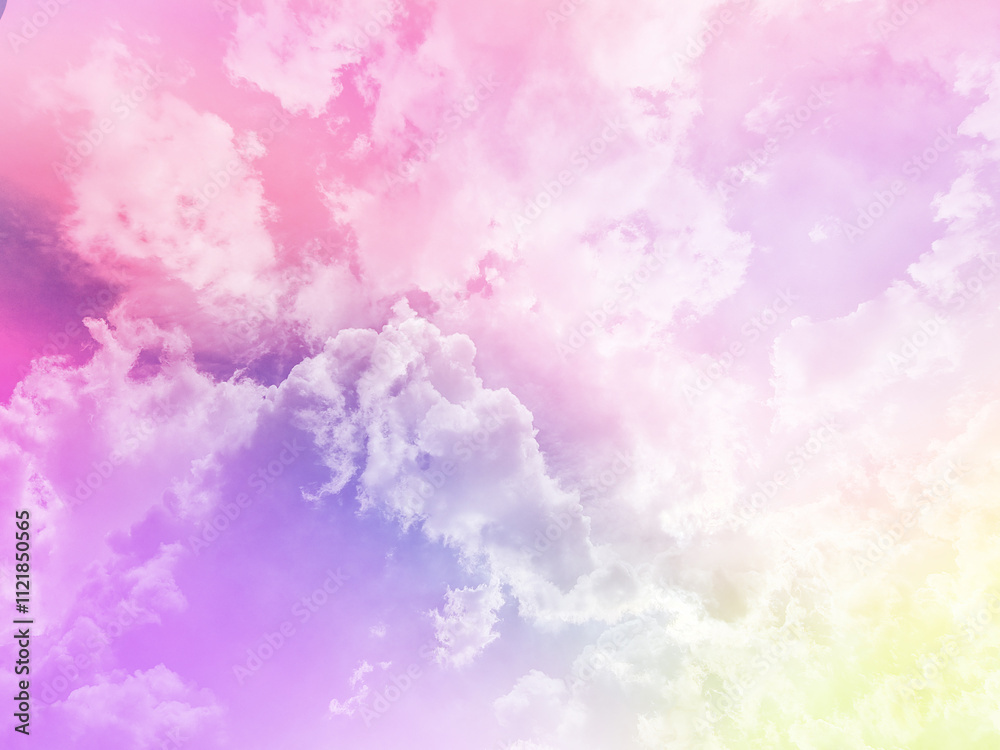 Fototapeta premium beauty sweet pastel yellow and red colorful with fluffy clouds on sky. multi color rainbow image. abstract fantasy growing light