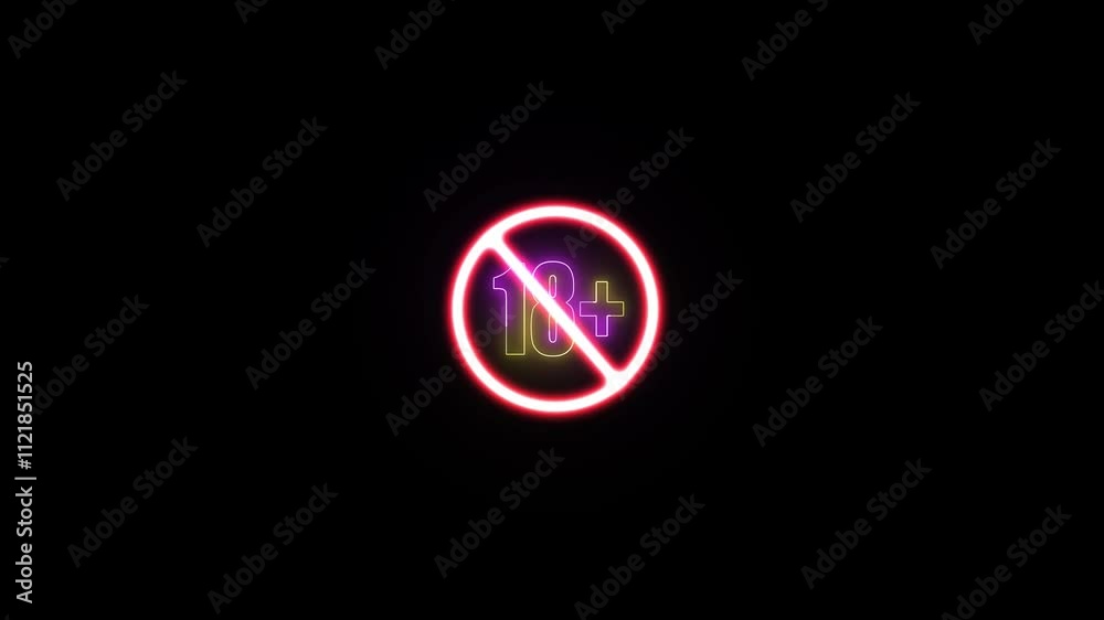 Glowing neon effect 18+ not allowed icon. No under 18 sign icon animation.